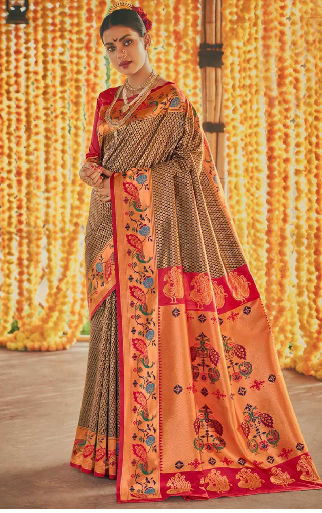 Bridal Raw Sienna Yellow Peacock Motif Paithani Party wear Saree