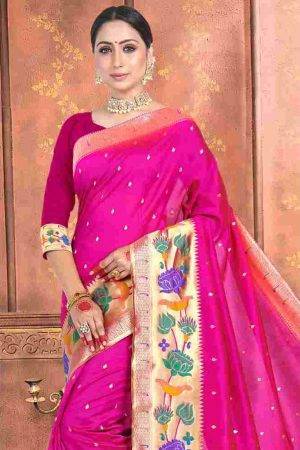 Bridal Cerise Red Floral Silk Paithani Party wear Saree