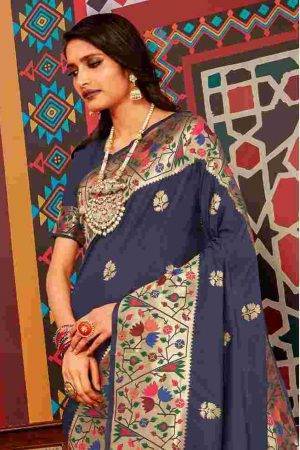 Bridal Emperor Blue Floral Silk Paithani Party wear Saree