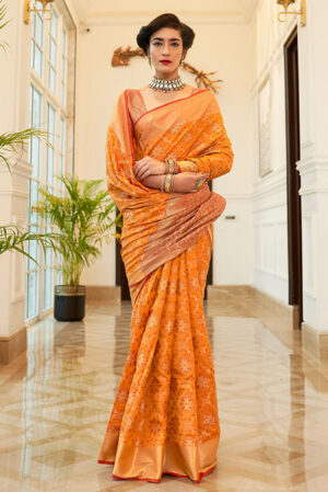Bridal Ocher Orange Soft Patola Party wear Saree