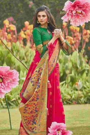 Bridal Fuzzy Wuzzy Pink Peacock Motif Paithani Silk Party wear Saree