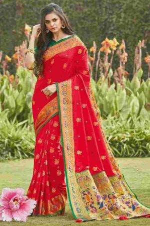 Bridal Apple Blossom Red Peacock Motif Floral Silk Paithani Party wear Saree