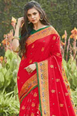 Bridal Apple Blossom Red Peacock Motif Floral Silk Paithani Party wear Saree