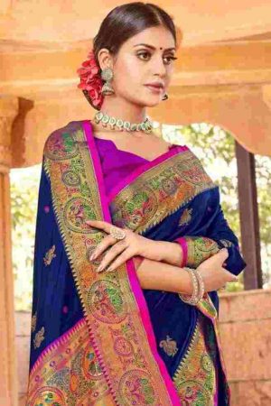Light pista wedding saree in 6 inches royal blue border