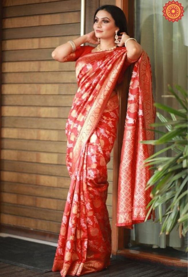 Punch Red Bridal Floral Banarasi Silk Saree