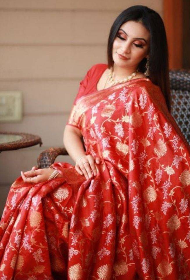 Punch Red Bridal Floral Banarasi Silk Saree