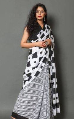 Black & White Zigzag Geometry Elegant Soft Printed Mulmul Cotton Saree