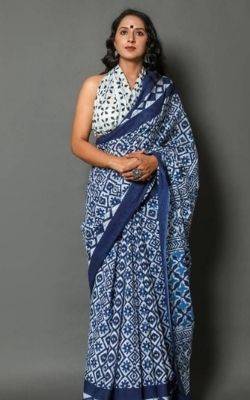 Indigo Blue Floral Geometry Elegant Soft Printed Mulmul Cotton Saree