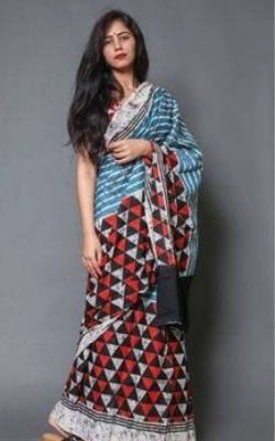 Blue Striped & Triangles Half-Half Batik Molmol Stylish Printed Mulmul Cotton Saree