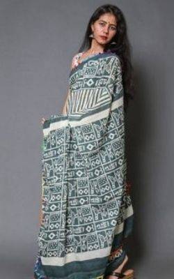 Grey Striped & Geometry Half-Half Molmol Stylish Hand Printed Mulmul Cotton Saree Pompom Lace