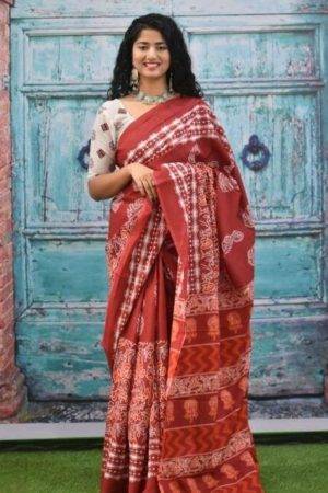 Red & Orange Jaipuri Hand Printed Floral Cotton Mulmul Saree