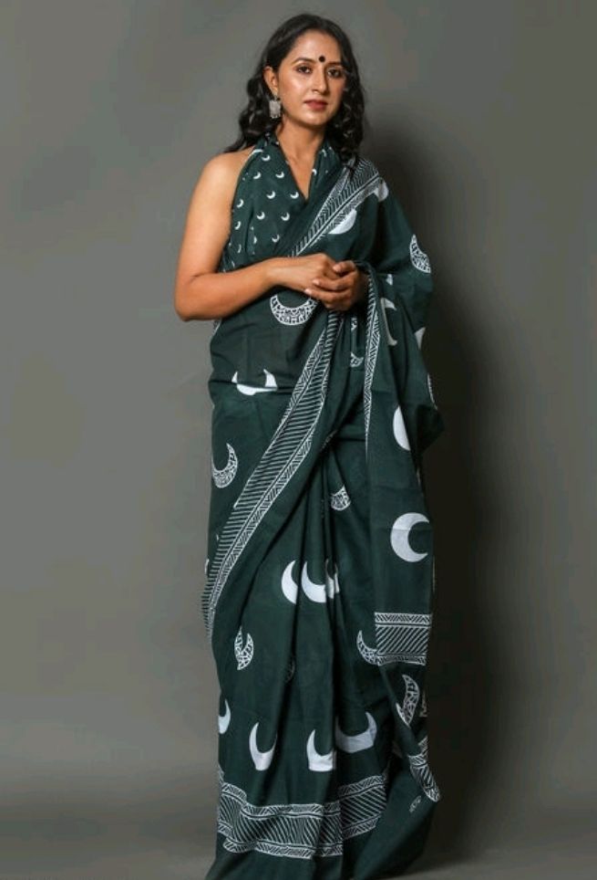 Green Geometry Jaipuri Moon Hand Printed mulmul cotton sarees