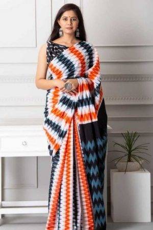 Orange & Black Jaipuri Zigzag Hand Printed Mulmul Cotton Saree