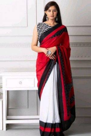 Red & Black Jaipuri Half-Half Hand Printed Mulmul Cotton Saree