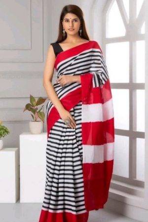 Black & Red Jaipuri Stripes Hand Printed Mulmul Cotton Saree