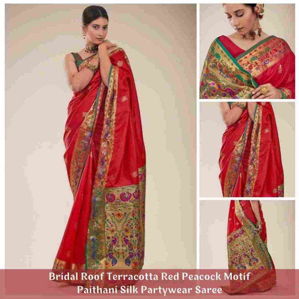 Bridal Roof Terracotta Red Peacock Motif Paithani Silk Partywear Saree Wedding Saree