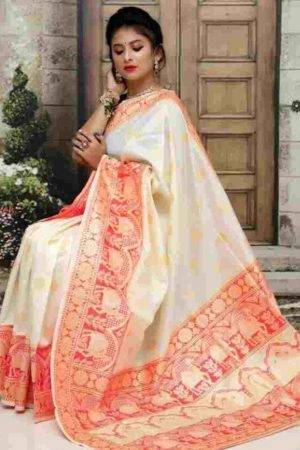Bridal White Policona Camel Paithani Banarasi Silk Party wear Saree