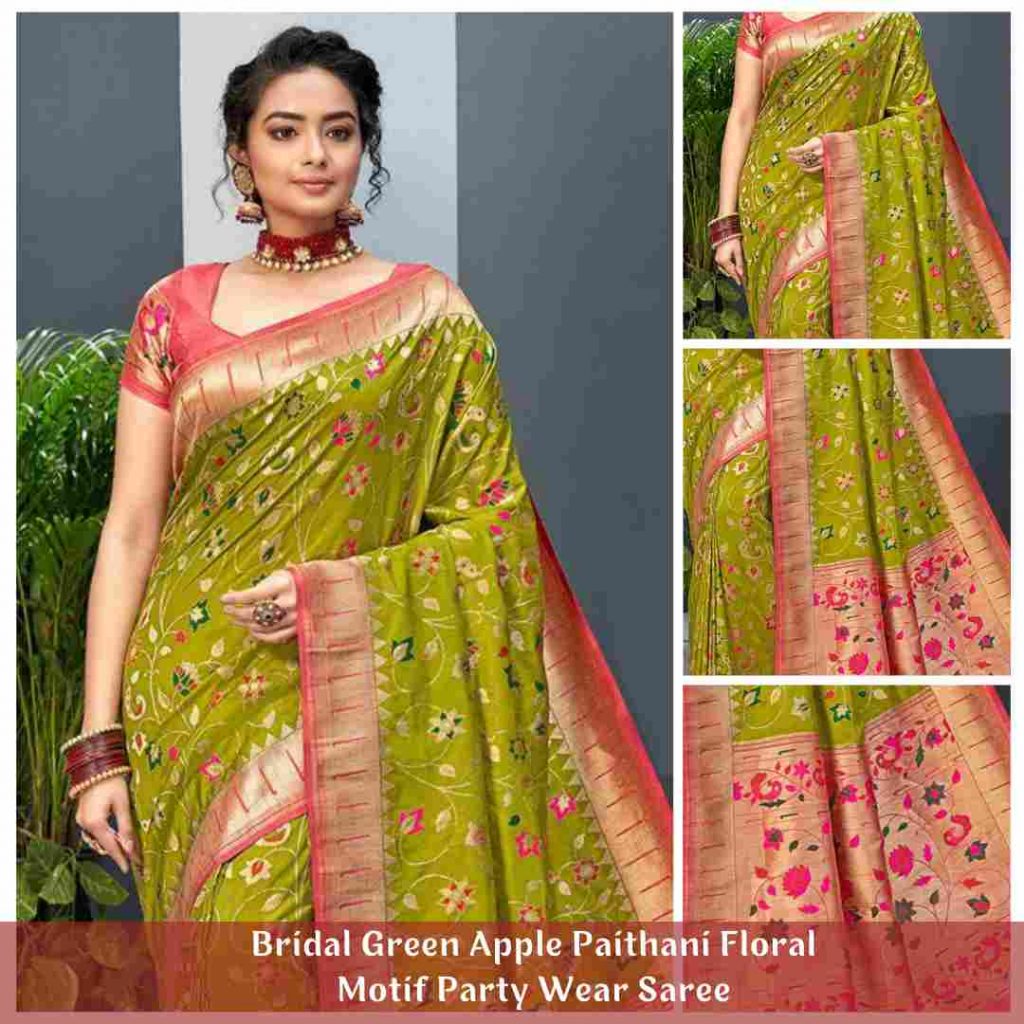 Bridal Green Apple Paithani Floral Motif Party Wear Saree Wedding Saree