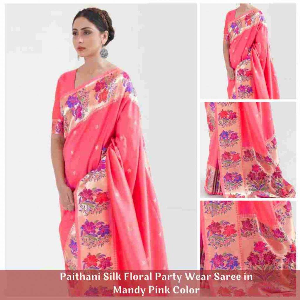 Paithani Silk Floral Party Wear Saree in Mandy Pink Color