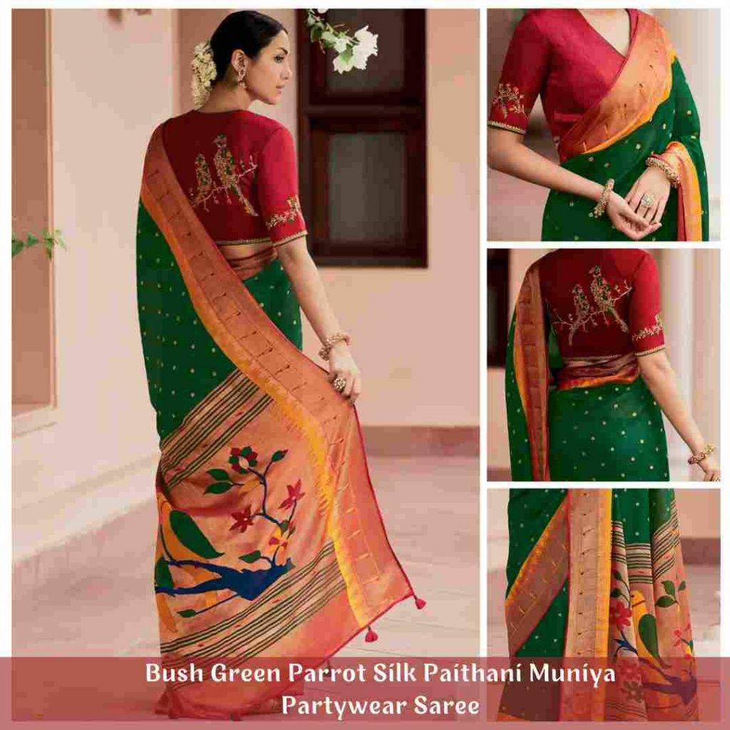 Bush Green Parrot Silk Paithani Muniya Partywear Saree