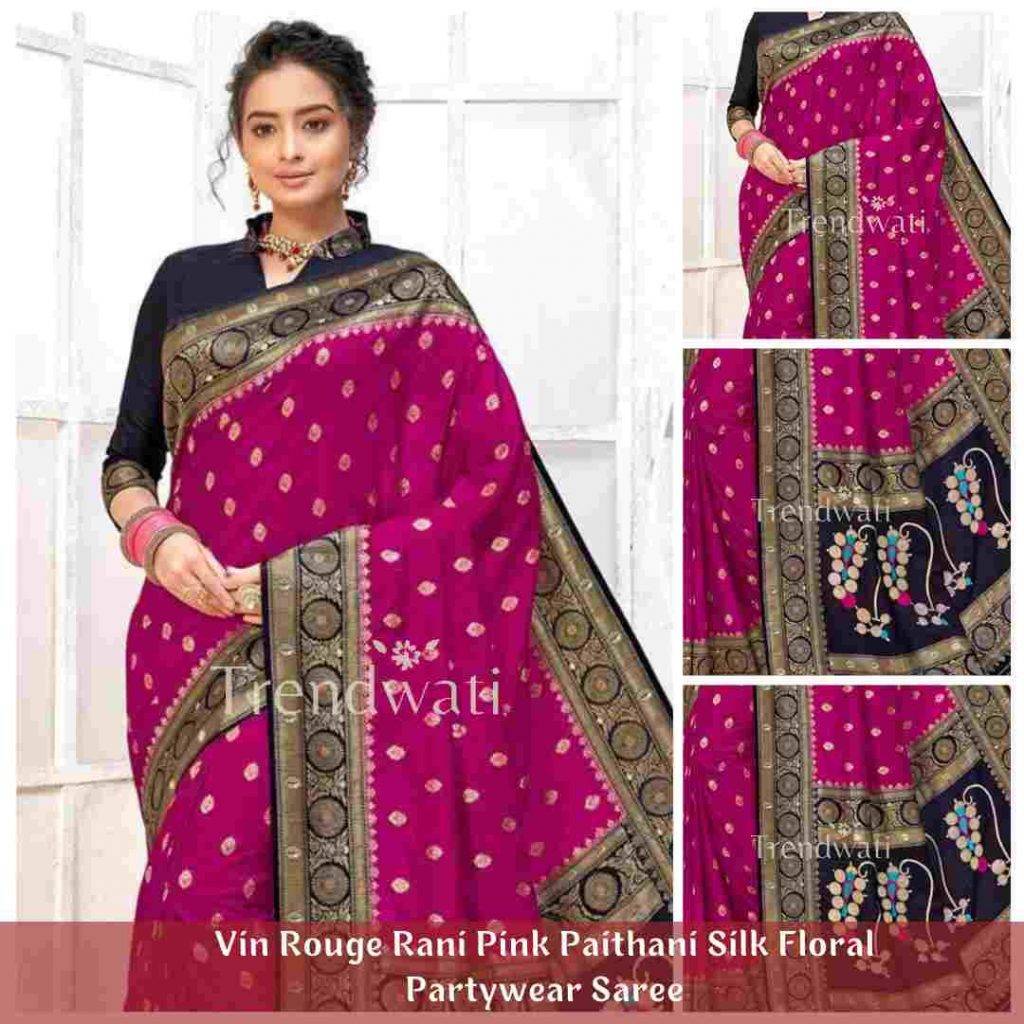 Vin Rouge Rani Pink Paithani Silk Floral Partywear Saree