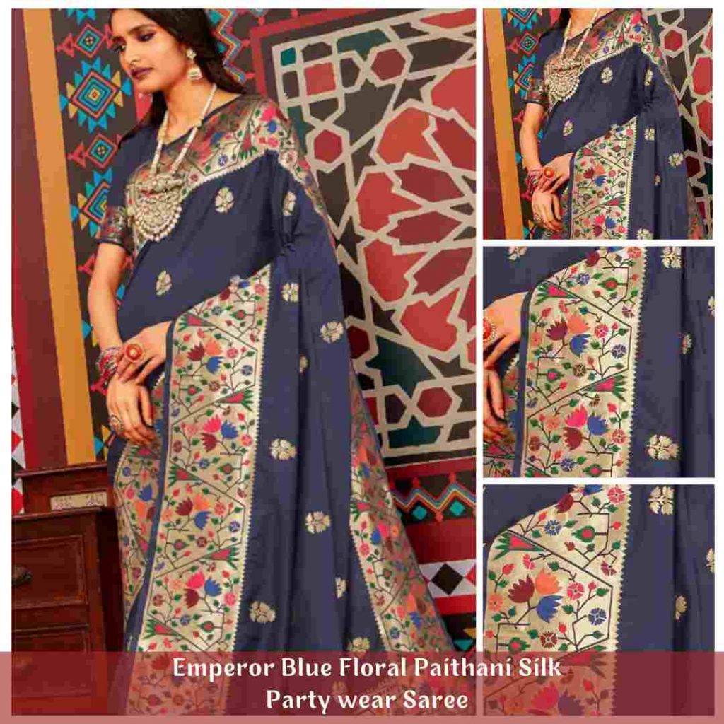Emperor Blue Floral Paithani Silk Party wear Wedding Saree