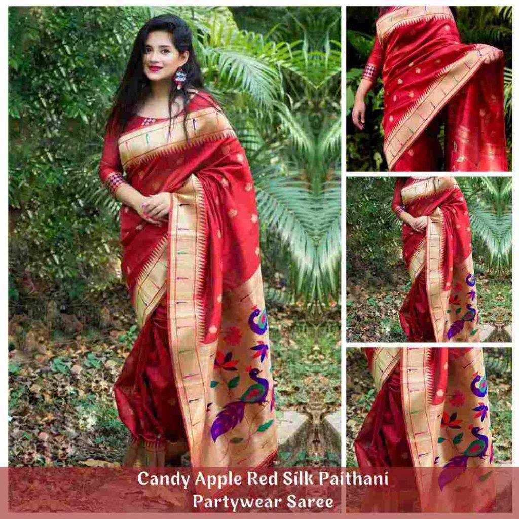 Candy Apple Red Silk Paithani Partywear Saree