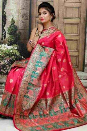 Bridal Red Policona Camel Paithani Banarasi Silk Saree