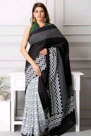 Stylish Black White Jaipuri Hand Printed Zigzag Cotton Mulmul Saree