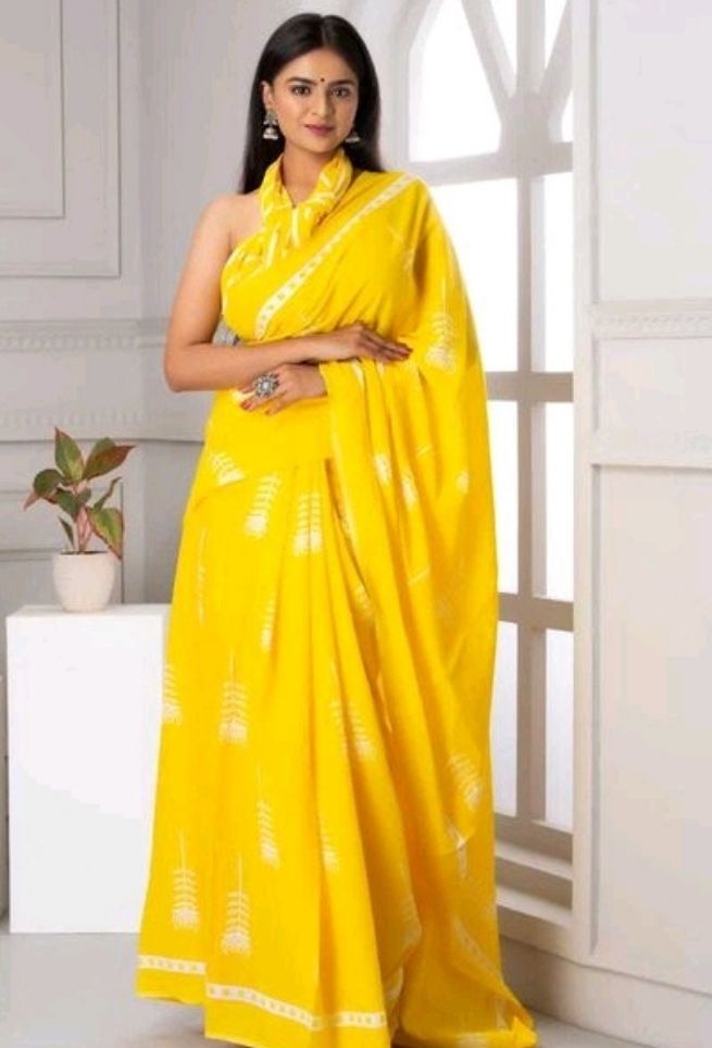 Yellow Jaipuri Hand Printed Floral Cotton Mulmul Saree