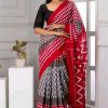 Red & Grey Jaipuri Hand Printed Zigzag Cotton Mulmul Saree