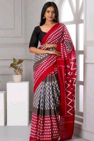 Red & Grey Jaipuri Hand Printed Zigzag Mulmul Cotton Saree