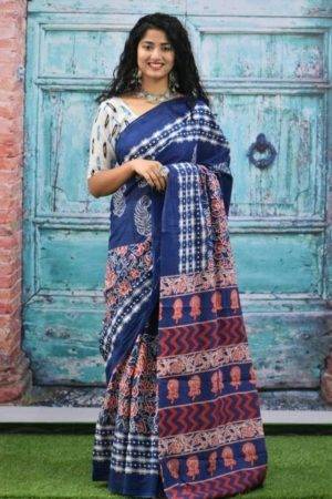 Red & Indigo Blue Jaipuri Hand Printed Floral Mulmul Cotton Saree