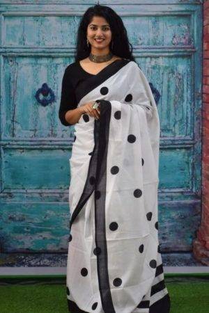 Black & White Jaipuri Hand Printed Dotted Cotton Mulmul Saree