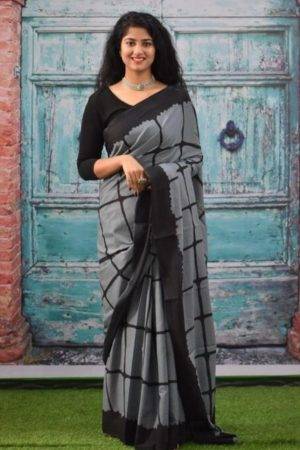 Grey & Black Jaipuri Hand Printed Checked Mulmul Cotton Saree