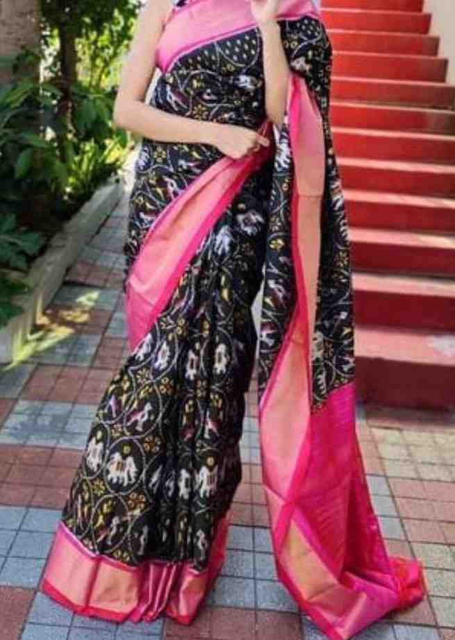 Black Elephant Pattu Pochampally Ikkat Silk Mulmul Cotton Saree with Pink Border