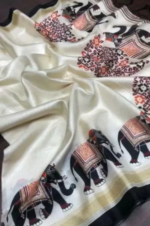 Black Elephant Pochampally Ikkat White Cotton Saree