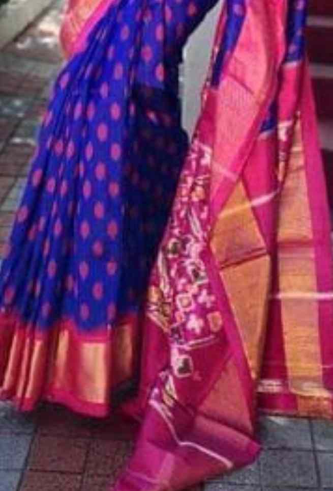 Blue Rose Pink Floral Pochampally Ikkat Silk Mulmul Cotton Saree with Zari Border
