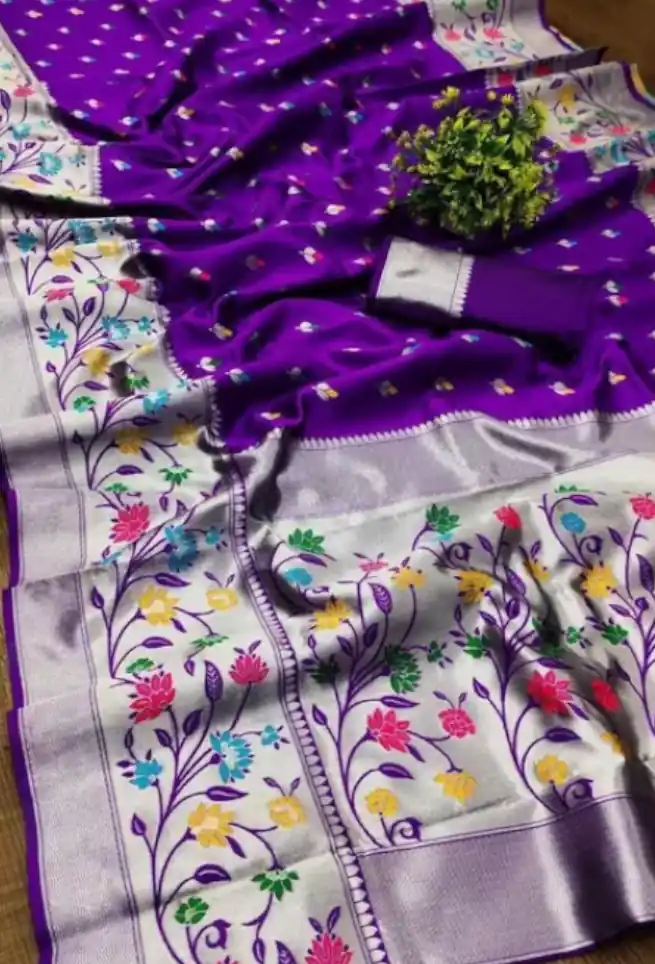 Bridal Disco Purple Floral Paithani Banarasi Silk Party wear Saree