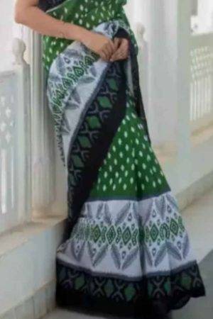 Green & Black Jaipuri Geometry Hand Printed Mulmul Cotton Saree