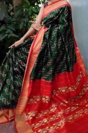 Green Red Pochampally Ikkat Handloom Silk Mulmul Cotton Saree with Zari Border