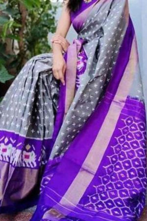 Grey Elephant Pattu Pochampally Ikkat Silk Mulmul Cotton Saree with Purple Zari Border