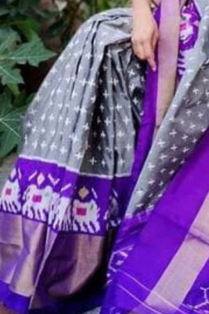 Grey Elephant Pochampally Ikkat Cotton Saree with Purple Zari Border