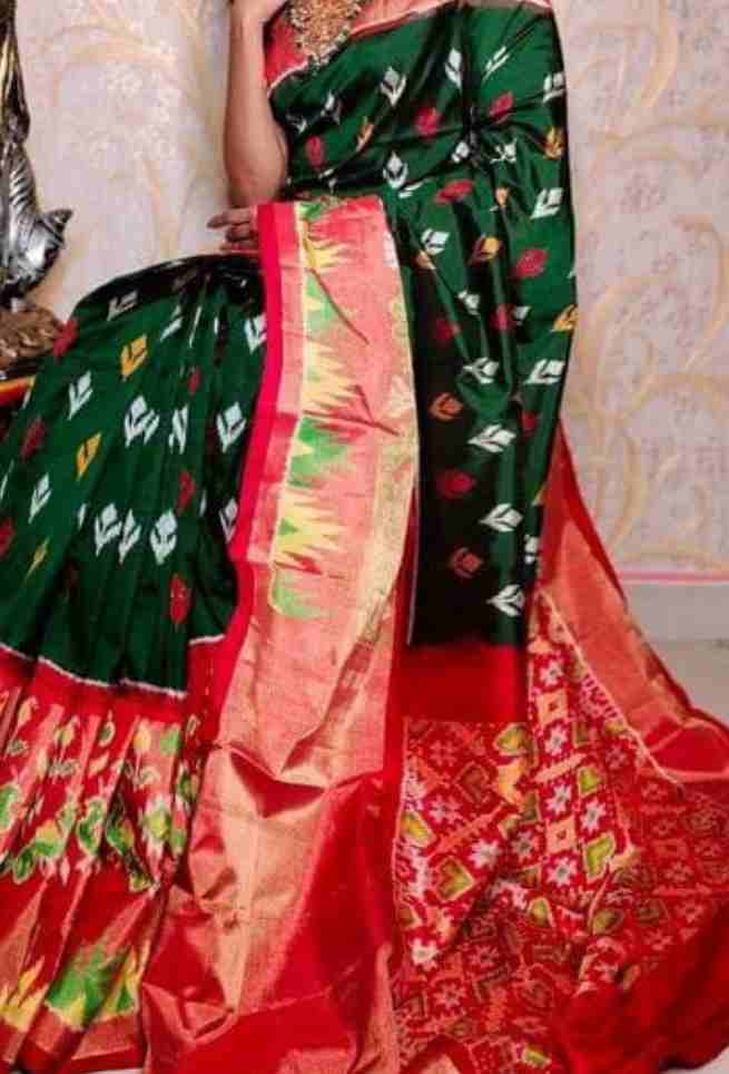 Party Wear Green Designer Ladies Ikkat Silk Saree, Length: 6.3 m (with  Blouse Piece )