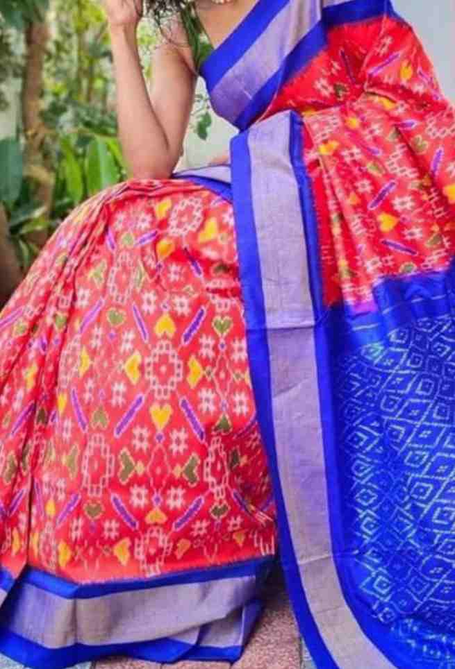 Red Blue Pochampally Ikkat Handloom Silk Mulmul Cotton Saree