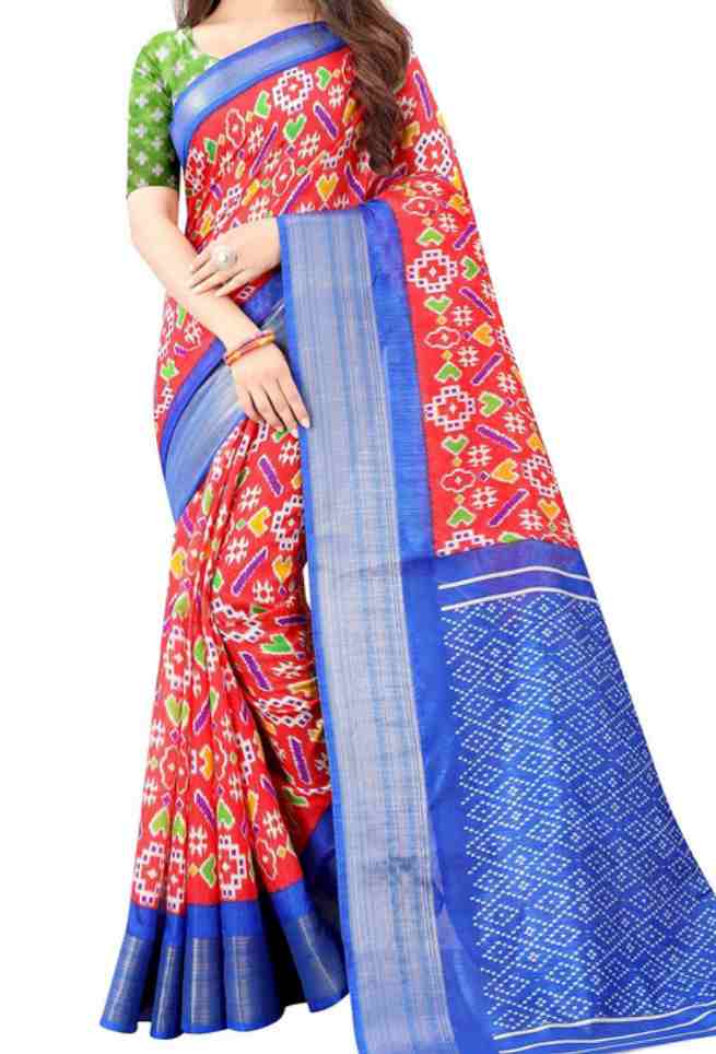 Red Blue Pochampally Ikkat Handloom Silk Mulmul Cotton Saree(