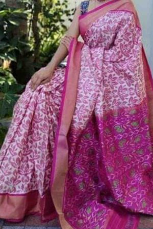 Rose Pink White Floral Pattu Pochampally Ikkat Silk Mulmul Cotton Saree with Zari Border