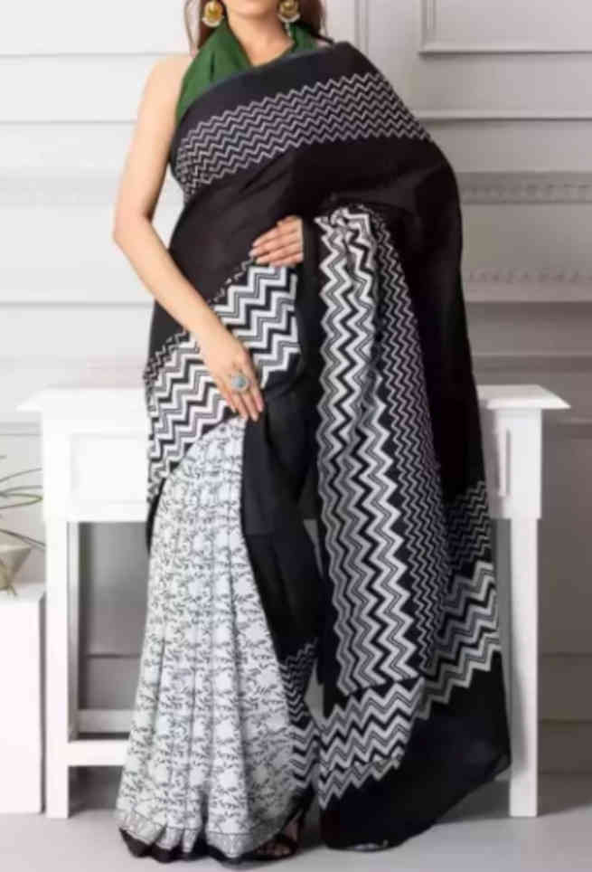 Stylish Latest Black White Jaipuri Hand Printed Zigzag Cotton Mulmul Saree 2022-2023