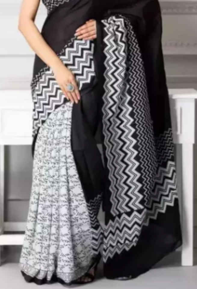White with Black Color Handloom Pure Cotton Print Saree – BharatSthali
