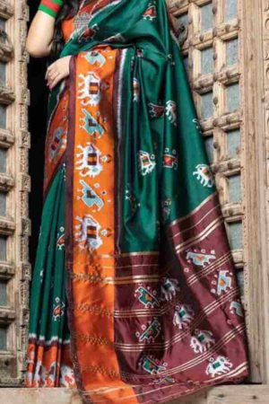 Timber Green Ikkat Bridal Pochampally Banarasi Silk Paithani Party wear Saree